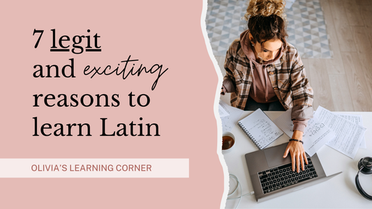 Blog title, "7 legit and exciting reasons to learn Latin" beside an image of a focused girl studying at a computer.