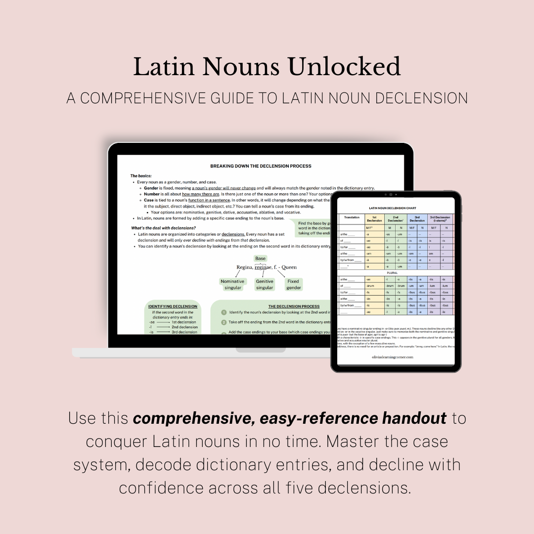 Latin Nouns Unlocked product image showing a laptop and tablet displaying the product's declension chart. The handout provides a comprehensive guide to mastering Latin noun declension. It features an easy-reference declension chart and noun breakdown to help students understand the case system, decode dictionary entries, and decline with confidence.