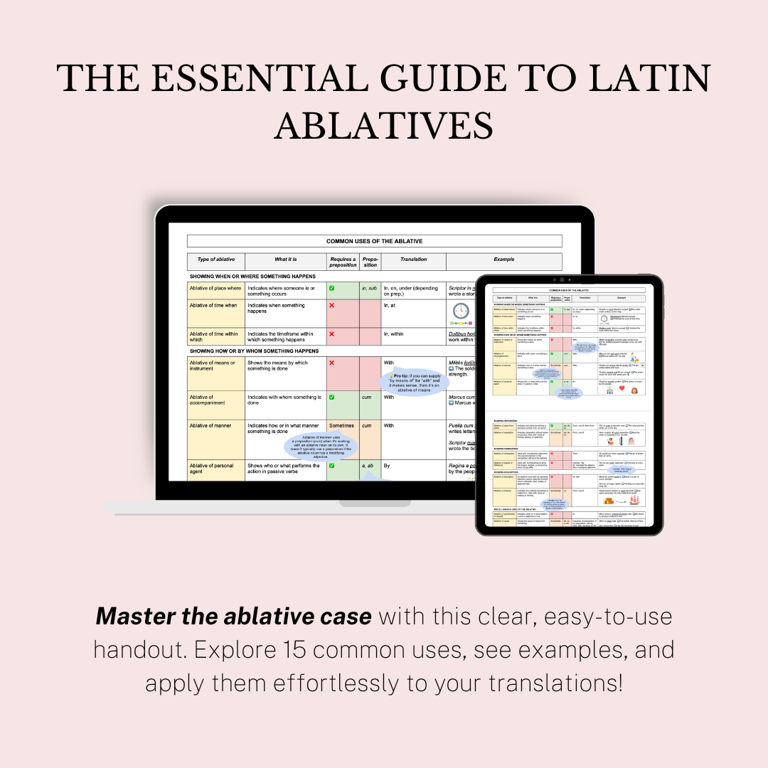 Product image for "The essential guide to Latin ablatives" handout. Shows a picture of the handout, which includes a color-coded table.