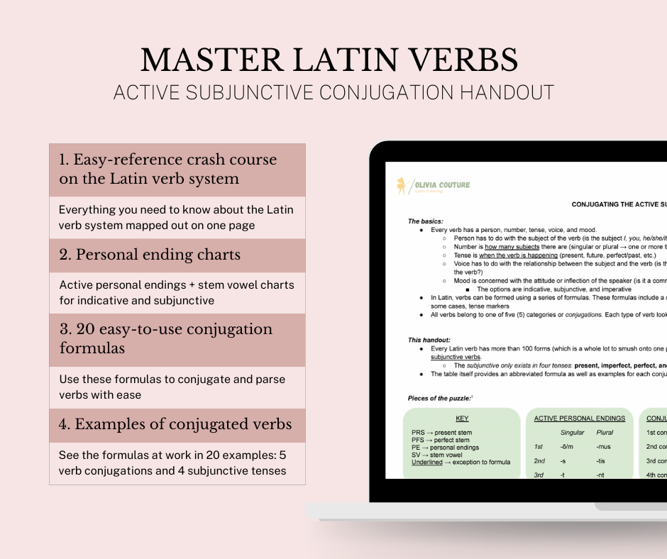 Active subjunctive conjugation handout product image - charts and crash course on Latin verbs