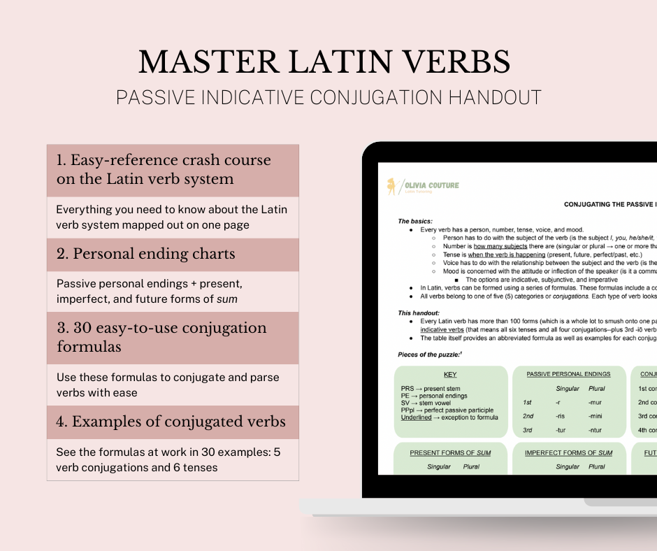 Passive indicative conjugation handout product image - charts and crash course on Latin verbs