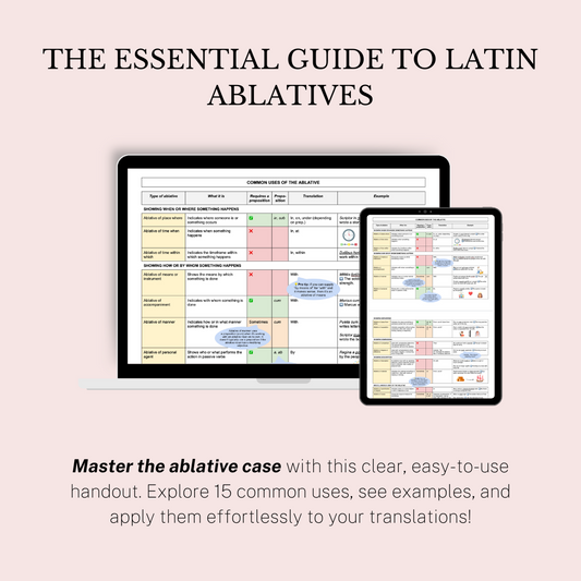 Product image for "The essential guide to Latin ablatives" handout. Shows a picture of the handout, which includes a color-coded table. 